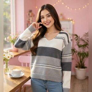 SHEIN Gray and White V-Neck Sweater